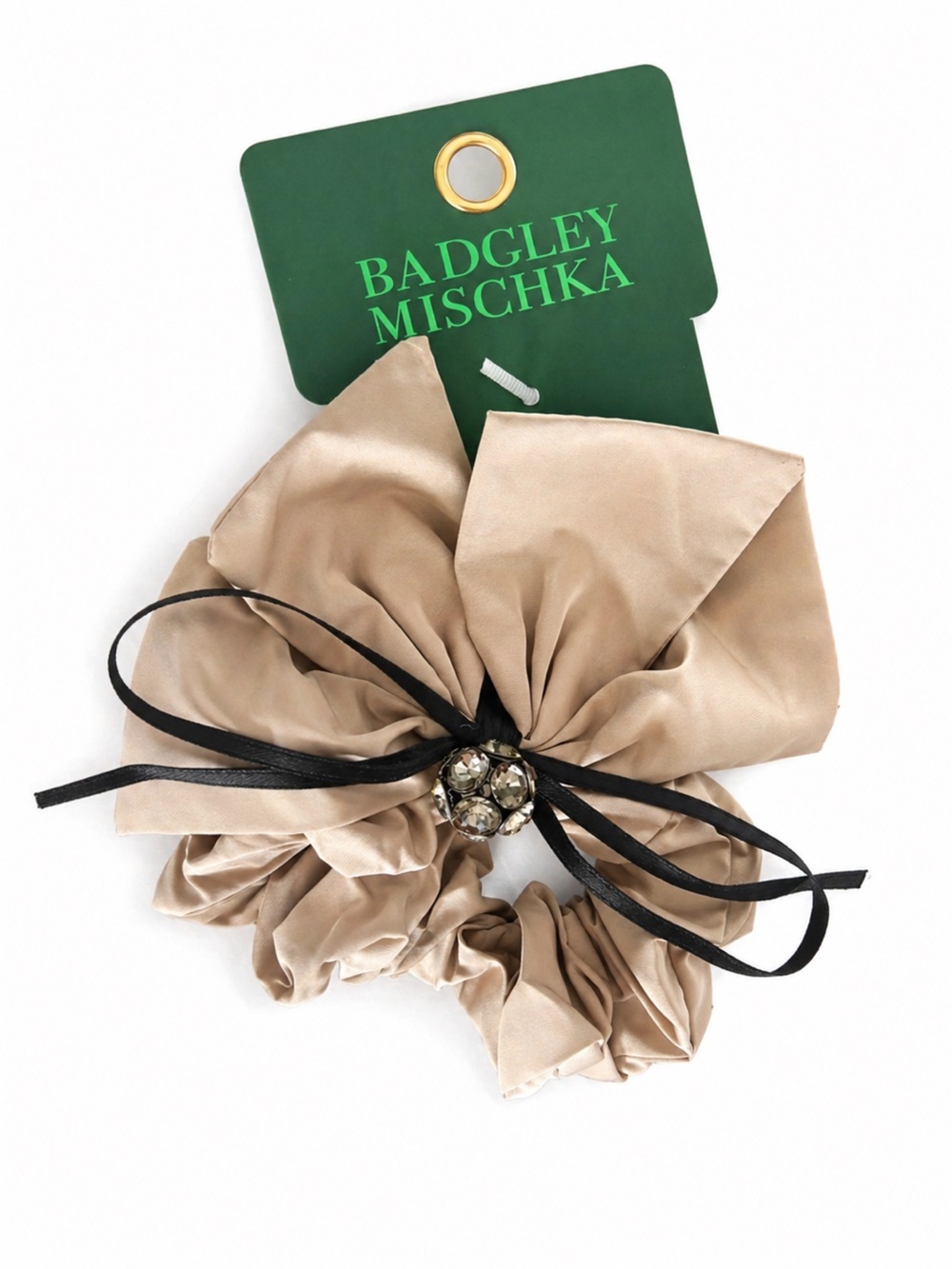 Badgley Mischka Beige Satin Bow Scrunchie with Black Ribbon & Crystal Cluster